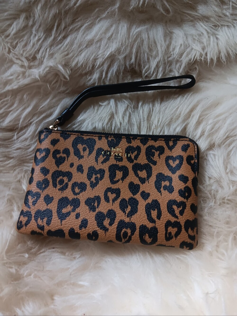 Coach Tan and Black Leopard Print Wristlet Clutch